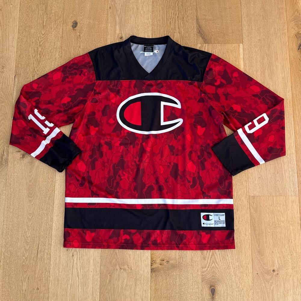 Champion Hockey Jersey No 19 Size L Red Black White Camo